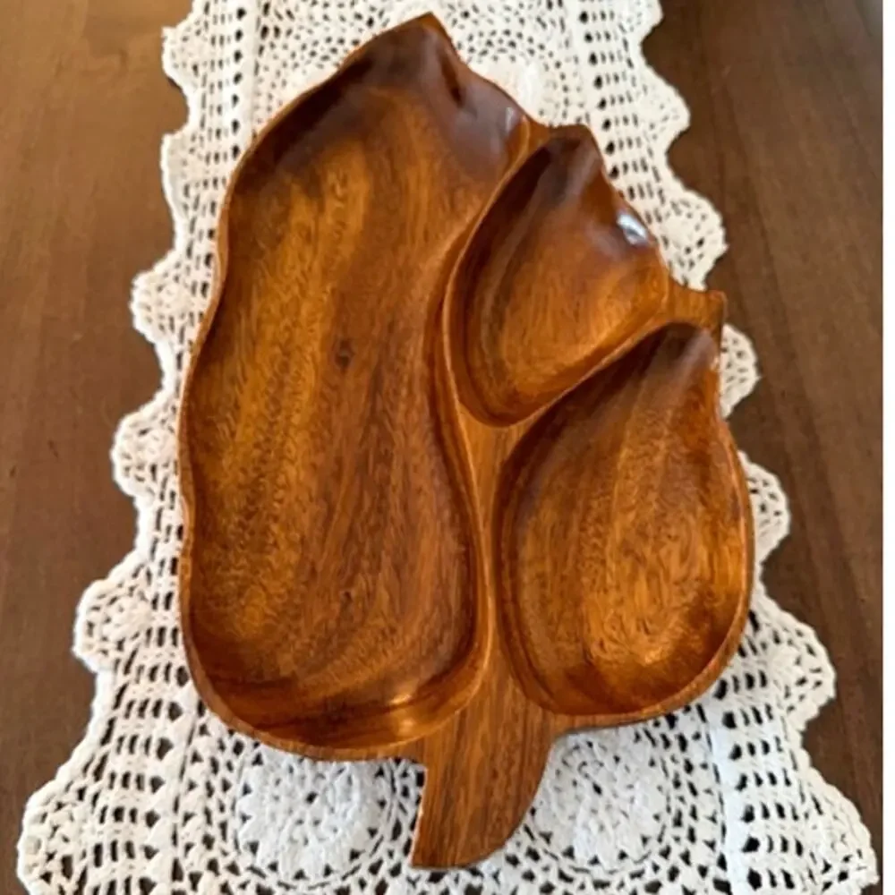 Vintage Aloha Wood Leaf Tray Monkey Pod Bowl 14” Hawaii Philippines